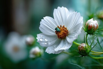 Obraz premium White Cosmos Flower with Green Beetle and Water Droplets