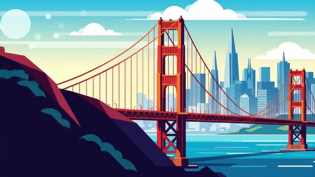 Stylized illustration of a red suspension bridge spanning a body of water, with a city skyline in the background under a partly cloudy sky