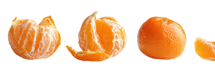 Three stages of peeling a mandarin orange, showing the fruit with segments, some segments peeled away, and a peeled segment