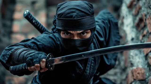 Male ninja posing with sword in combat stance outdoors