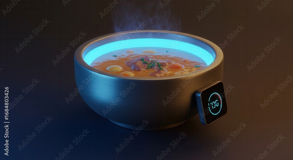 Aufkleber a modern, metallic bowl of steaming soup with a built-in digital timer glows with an inviting blue l