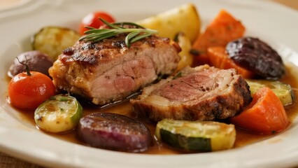 Grilled Pork Tenderloin with Roasted Vegetables and Rosemary Garnish
