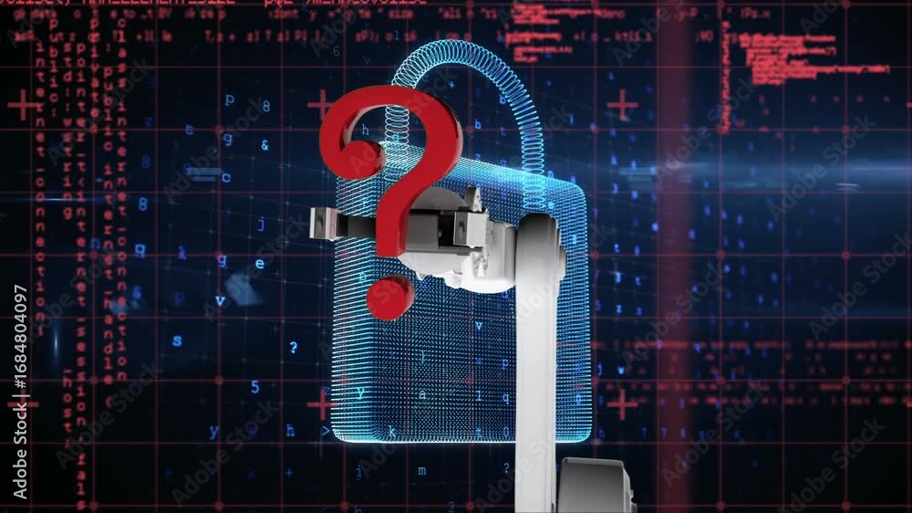 Poster animation of bionic arm with question mark, digital padlock, and data processing