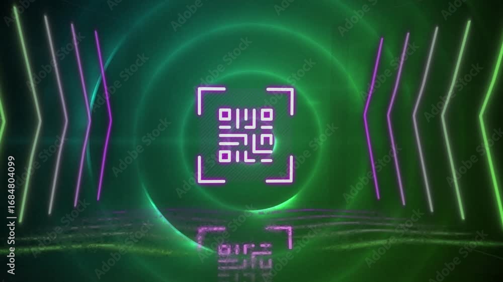 Poster animation of circles, neon lines and qr code on green background