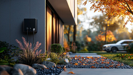 Modern Home with Electric Vehicle Charging Station and Autumnal Landscaping