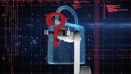 Animation of bionic arm with question mark, digital padlock, and data processing - Powered by Adobe