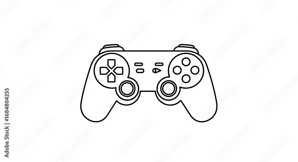 Poster a simple black and white line drawing of a modern video game controller on a plain white background