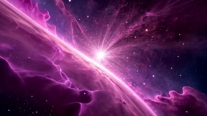 Stunning purple cosmic explosion with glowing nebula clouds and radiant light burst across deep outer space background - Powered by Adobe