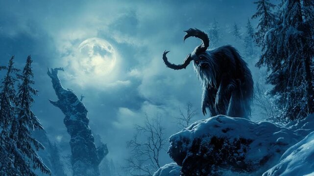 Monstrous horned creature stands on snowy cliff under full moon in dark, eerie forest
