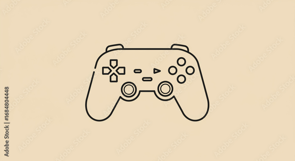 Poster a simple outline of a game controller on a light tan background with directional and action buttons 