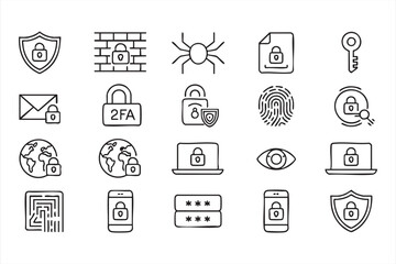 Shield, padlock, and firewall outline symbols isolated on white
