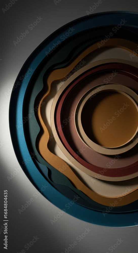 Poster layered, concentric circles of varying colors and textures create a dynamic, abstract design.
