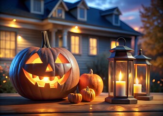 Fototapeta premium Halloween Night Scene with Jack O Lanterns and Lanterns in Front of House
