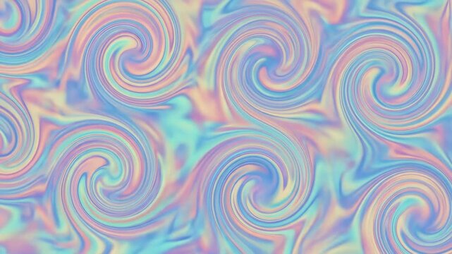 Abstract swirling pastel pattern with iridescent, holographic effect, featuring multiple pastel-colored spirals in a repeating design