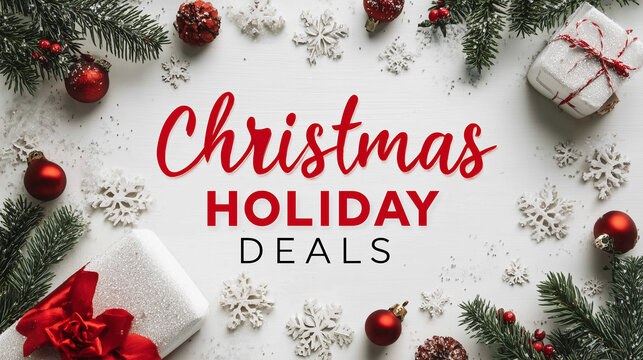 text "Christmas Holiday Deals", written in the middle of elegant white background with christmas decorations, presents, and snowflakes, flat lay. Christmas banner or background. Publicity for website,