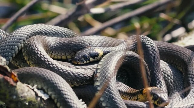 Common Grass Snakes, Natrix natrix, Basking on a Spring Day