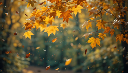 Autumn leaves falling from branches, creating a colorful, blurred, and serene scene.