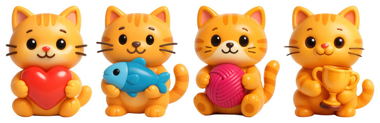 Naklejka premium PNG Cute cat figurines with objects, element set on transparent background