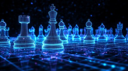 Digital chess board with glowing pieces.