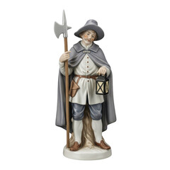 Obraz premium Porcelain figurine of a medieval night watchman in a gray cloak holding a lantern and halberd
