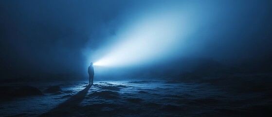 A person with a flashlight in a foggy landscape.