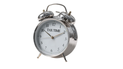 Retro silver alarm clock with TAX TIME on face, symbolizing urgency, deadline pressure and tax preparation reminder, transparent background.