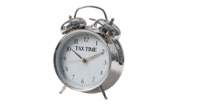 Retro silver alarm clock with TAX TIME on face, symbolizing urgency, deadline pressure and tax preparation reminder, transparent background.