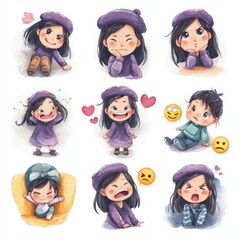Cute cartoon girl showing various emotions in playful illustrations inspired by childhood experiences