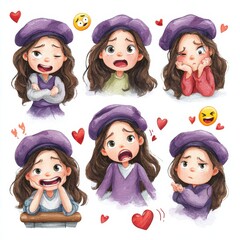 Variety of emotions expressed by a girl wearing a purple beret in a colorful cartoon style illustration