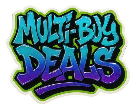Vibrant sticker with MULTI-BUY DEALS offer in graffiti style, attractive retail promotion on transparent background.
