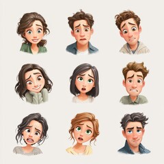 Expressions of diverse characters showcasing various emotions and reactions in a playful cartoon style