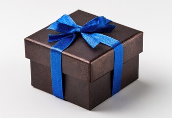 Fototapeta premium Dark brown gift box with blue ribbon