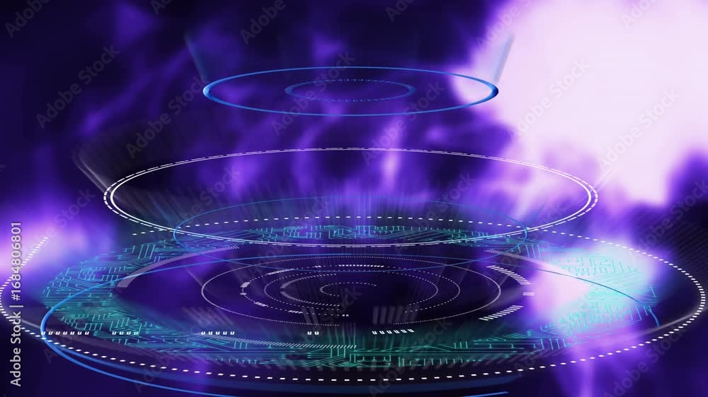 Aufkleber animation of lights over violet background with processing circles