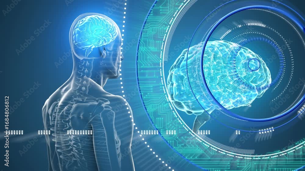 Poster animation of rotating brain, human model and processing circle on blue background