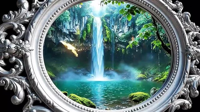 Ornate Silver Mirror Reveals a Magical Portal to an Enchanted Forest Waterfall with a Glowing Fairy