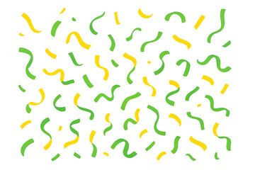 Colorful yellow, green confetti streamers flying wildly, filling transparent backdrop with joyful, festive energy