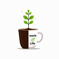 A vibrant illustration depicting a plant emerging from a coffee cup, symbolizing harmonious work-life balance, personal development, and adaptable modern work integration.