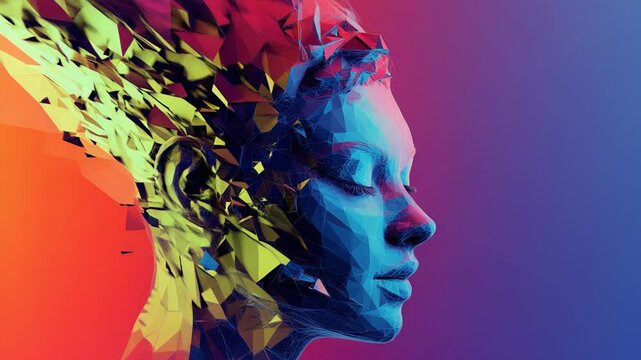 Polygonal woman face dissolving into colorful particles
