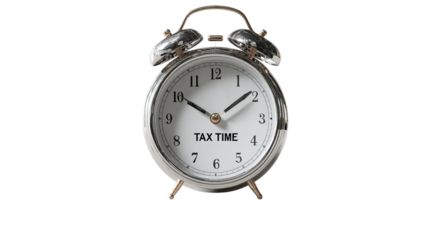 Antique alarm clock with 'TAX TIME' printed on the face, symbolizing urgency and the tax season, isolated on transparent background.