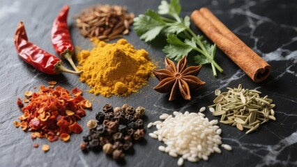 Assorted Spices and Herbs on a Dark Surface