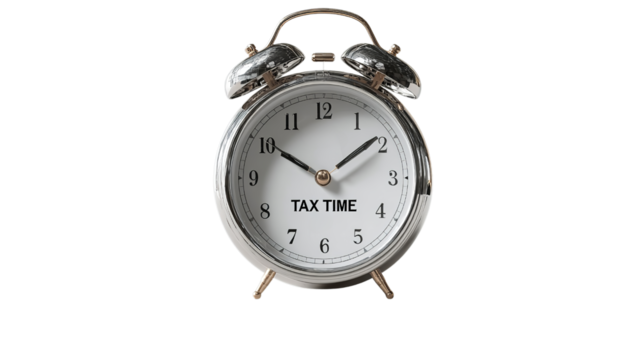 Antique alarm clock with 'TAX TIME' printed on the face, symbolizing urgency and the tax season, isolated on transparent background.