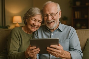 Happy senior couple sitting on couch together using digital tablet at home
