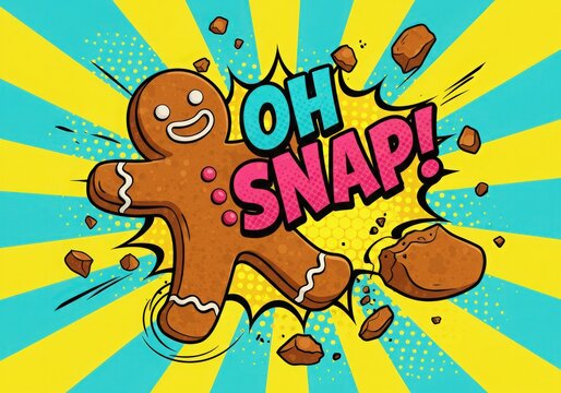 Gingerbread man breaks apart in comic book style with oh snap