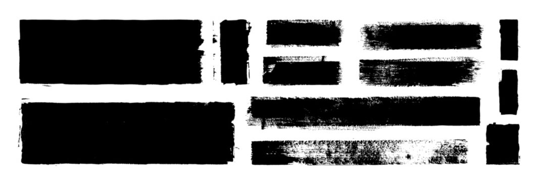 Straight line vector brush strokes. Black hand drawn stripes, smears. Paint roller line brushstrokes set. Rough grunge linocut stamp thick paint line textures. Grungy sketchy rectangle textboxes pack
