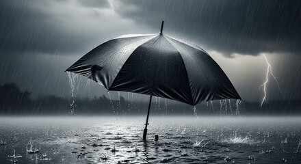 A stark black umbrella stands firmly in a heavy rainstorm, its silhouette offering a solitary point of resilience against the dramatic downpour and distant lightning