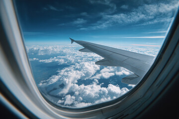 Fototapeta premium Wide shot of airplane wing above clouds during daytime, showcasing vast blue skies and fluffy cloud formations