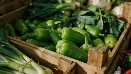Fresh green bell peppers and vegetables displayed in wooden crates at a market