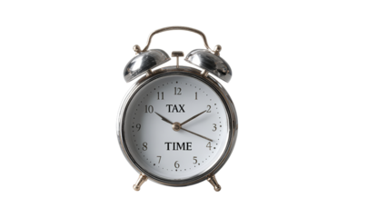 Vintage alarm clock with 'TAX TIME' written on the face, symbolizing the urgency of tax season, isolated on transparent background.