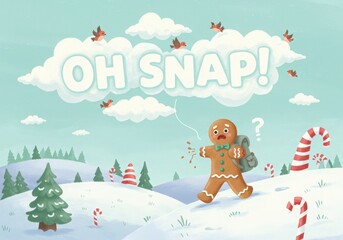 Gingerbread man oh snap christmas scene with snow and candy canes
