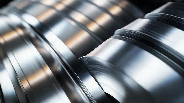 Rolls of shiny steel sheet metal are reflecting light in a warehouse